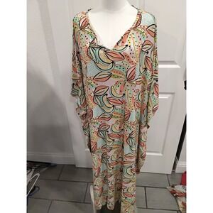 Gabriella Tropical Fruit Print Kaftan Maxi Dress One Size V-Neck Kimono Sleeve